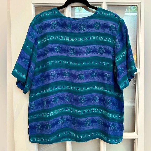 Vintage Quo-Silk 100% Silk Watercolor Floral Short Sleeve Blouse Size Large L - Picture 11 of 11